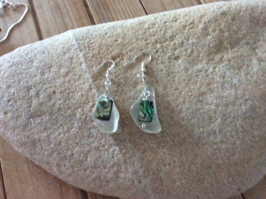 Sea glass earrings with abalone shell