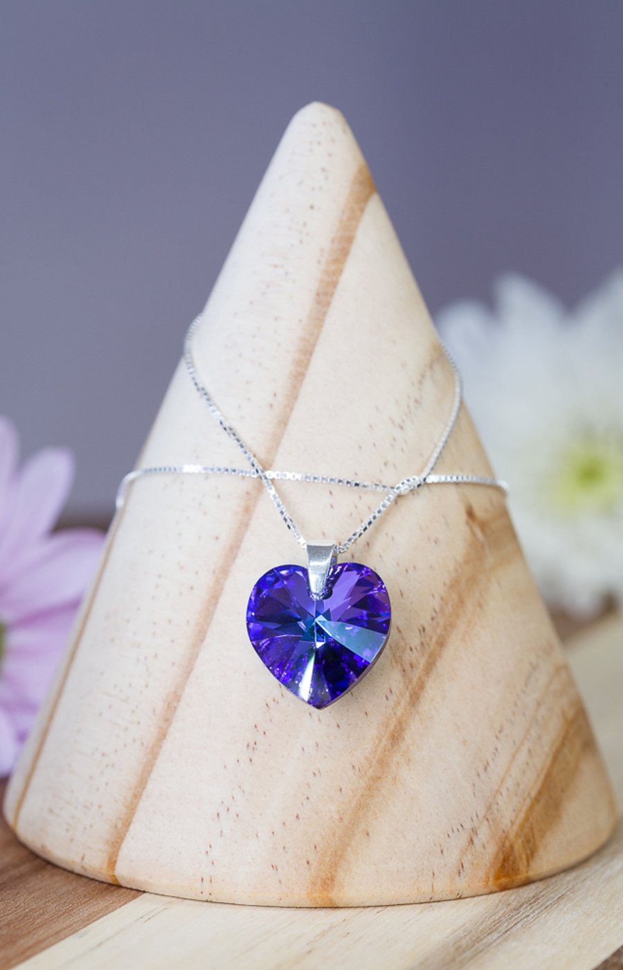 Necklace pendant swarovski purple heart on sterling silver chain