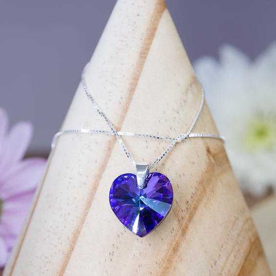Necklace pendant swarovski purple heart on sterling silver chain