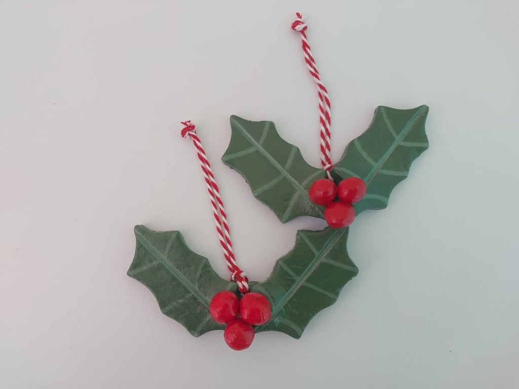 Pair of Handmade Holly with Berries Traditional Christmas hanging ornaments.