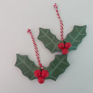 Pair of Handmade Holly with Berries Traditional Christmas hanging ornaments.