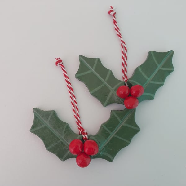 Pair of Handmade Holly with Berries Traditional Christmas hanging ornaments.