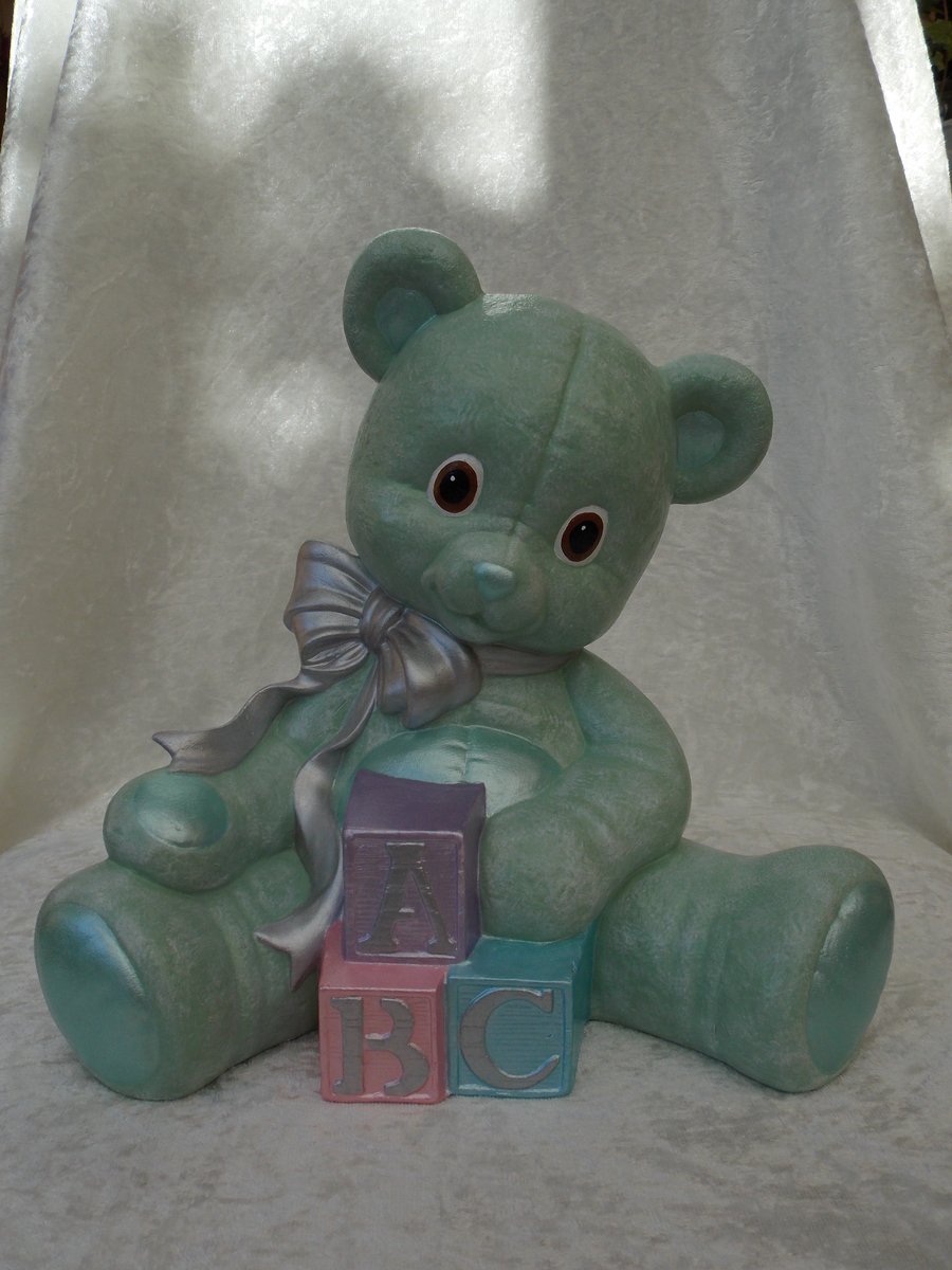 Ceramic Hand Painted Mint Green Silver Large Teddy Bear Figurine Animal Ornament