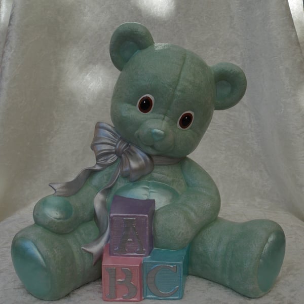 Ceramic Hand Painted Mint Green Silver Large Teddy Bear Figurine Animal Ornament