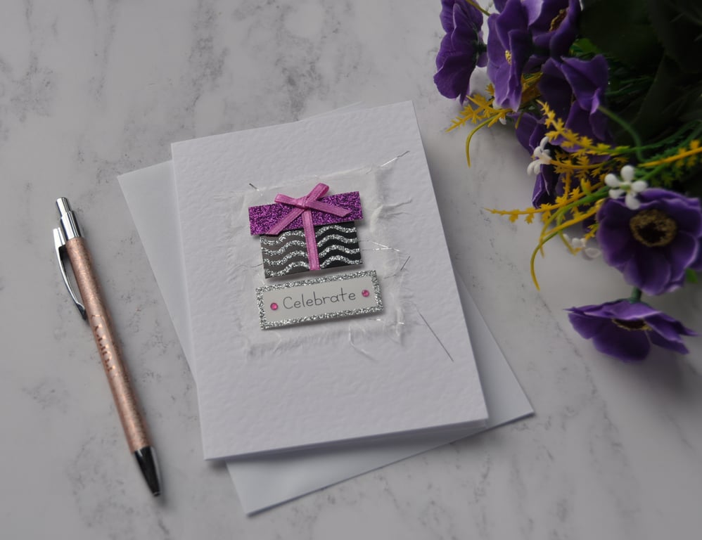Birthday Card Celebrate Glitter Present 3D Luxury Handmade Mixed Media Card
