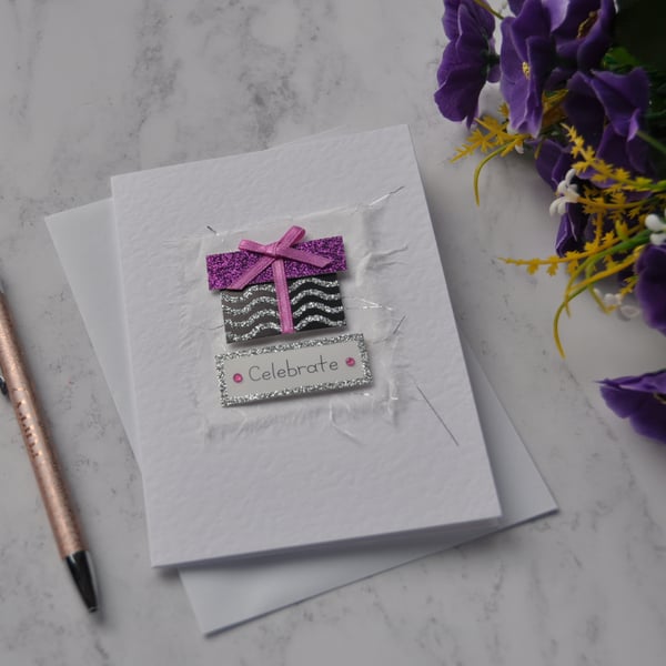 Birthday Card Celebrate Glitter Present 3D Luxury Handmade Mixed Media Card