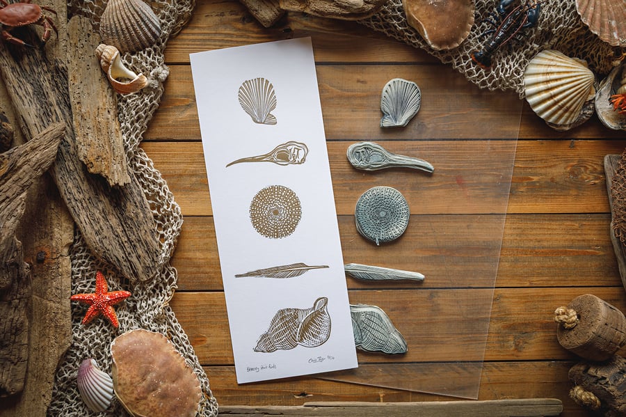 Beachcombing Finds - original linocut print - 42x16cm