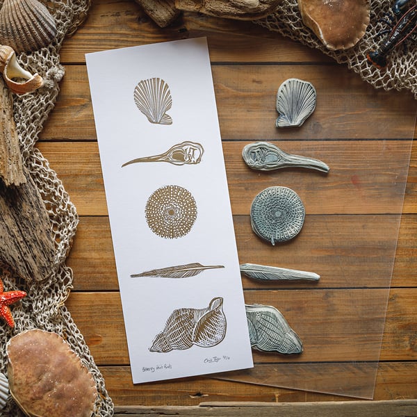 Beachcombing Finds - original linocut print - 42x16cm