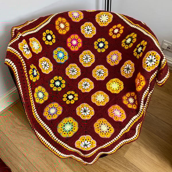 Floral multicoloured crochet blanket. Handmade. 45” by 45”. Multiple uses.