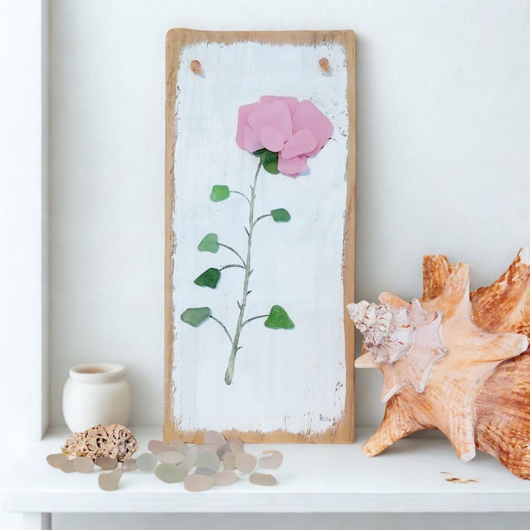 Sea Glass Rose Wooden Wall Art Picture - Pink Rose on Reclaimed Wood