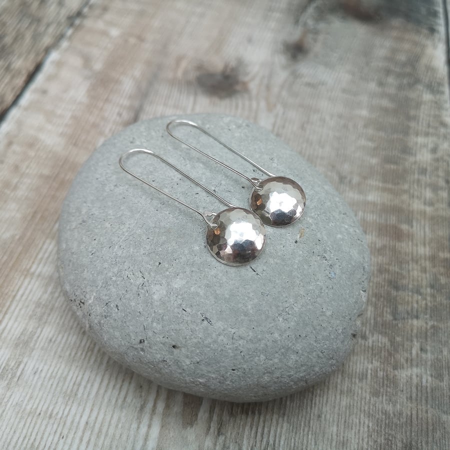 Long Hammered Sterling Silver Curved Dome Disc Earrings