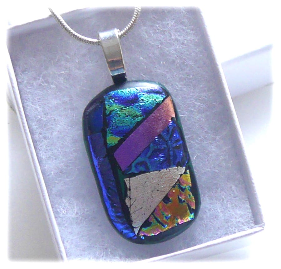 sold Dichroic Glass Pendant 225 blue patchwork handmade with silver plated chain