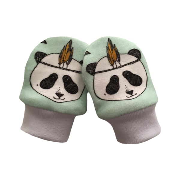 ORGANIC Baby SCRATCH MITTENS in MINT GREEN FEATHER PANDAS  A New Baby Gift Idea