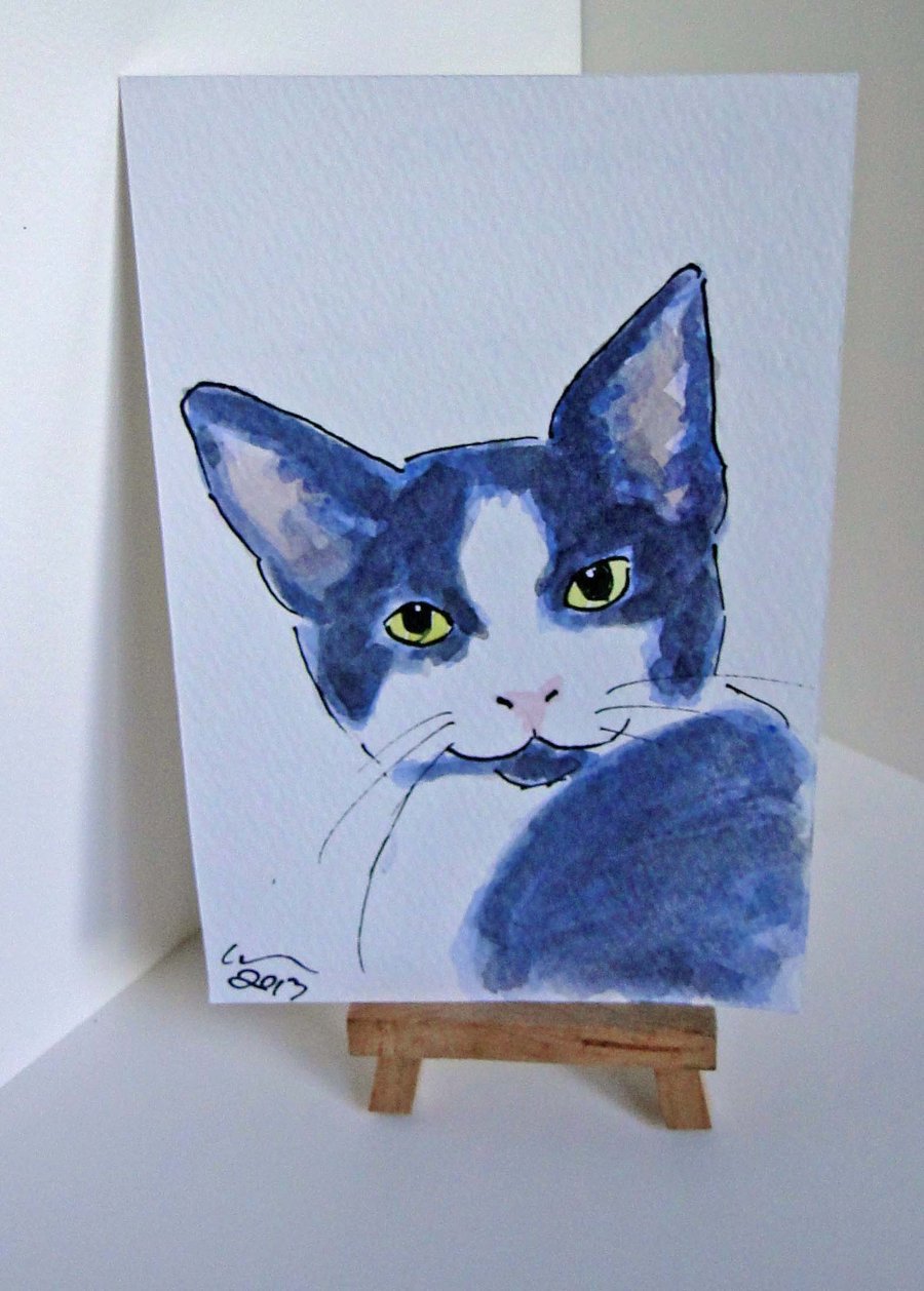 OSWOA Kitten Grin Original Watercolour & Ink Painting 4x6 OOAK Cat