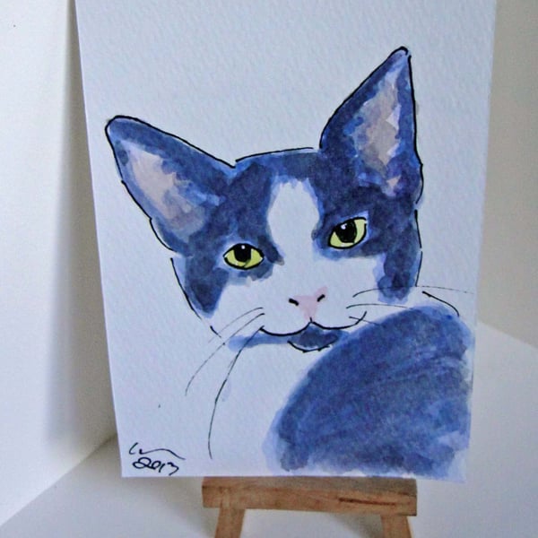 OSWOA Kitten Grin Original Watercolour & Ink Painting 4x6 OOAK Cat