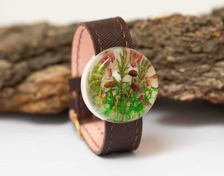 Magic mushrooms leather bracelet Botanical pressed flowers resin jewelry 