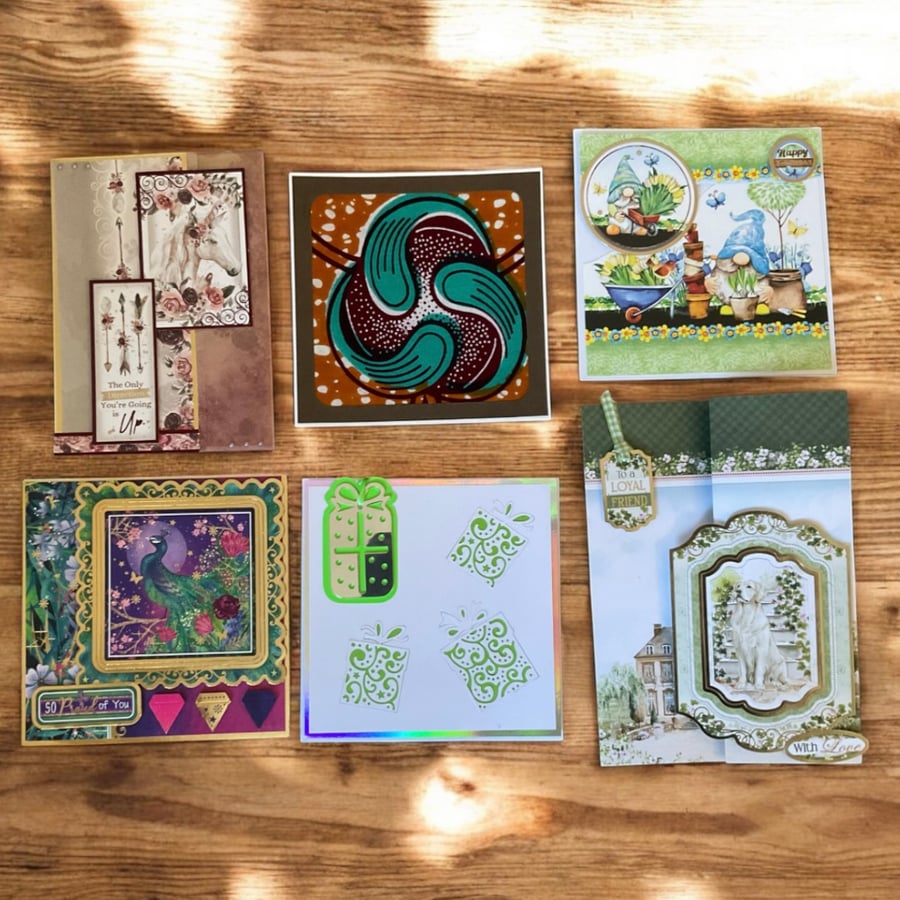 6 Handmade Greeting Card Set – Assorted Decoupage & Mixed Media Destash Cards