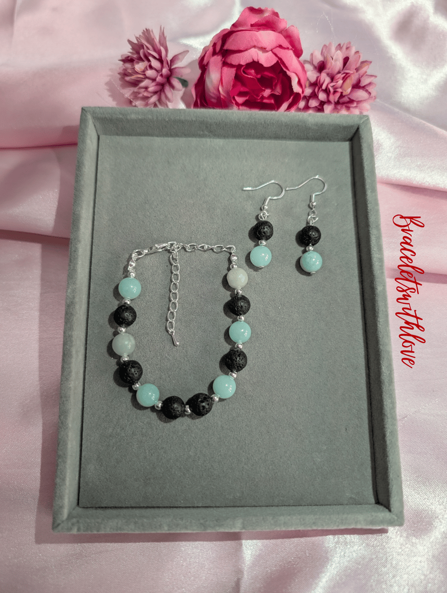 Black Lava & Amazonite bracelet and matching earrings 