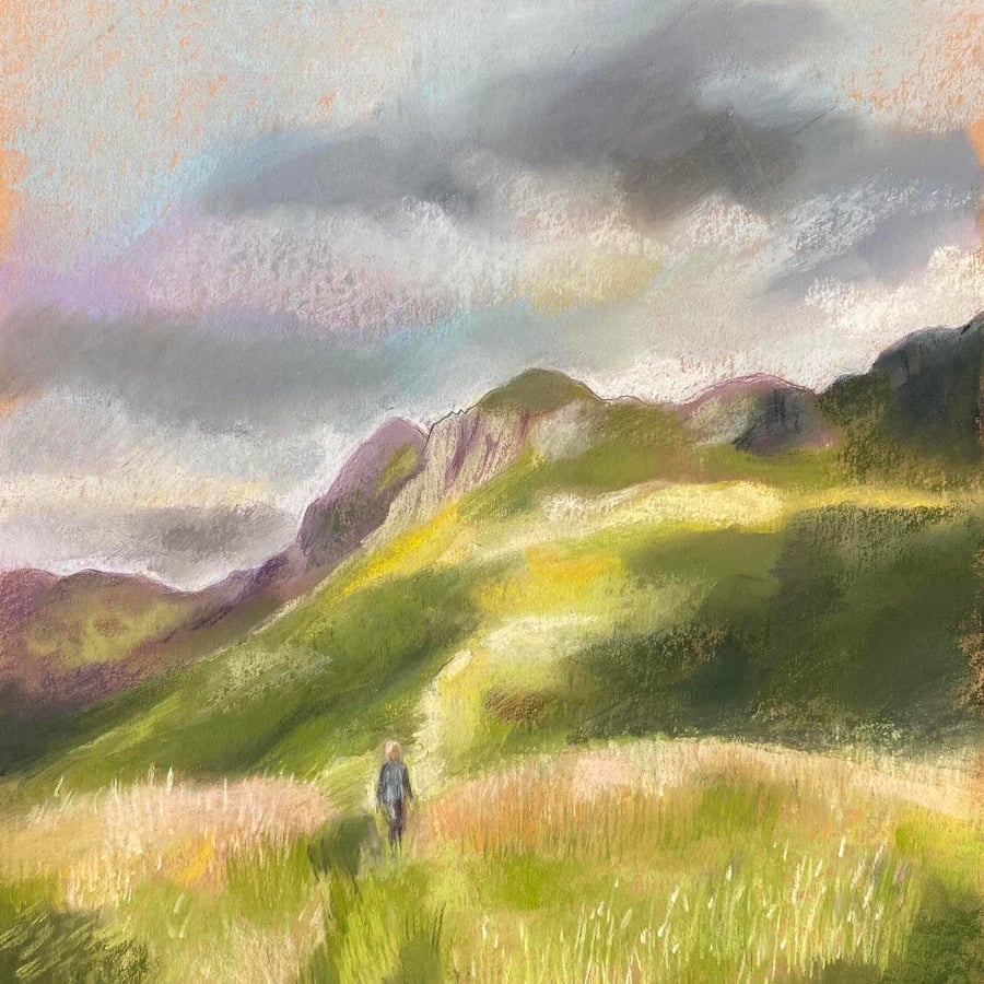 Landscape drawing - The Langdales, Lake District, chalk pastels, pastel art 
