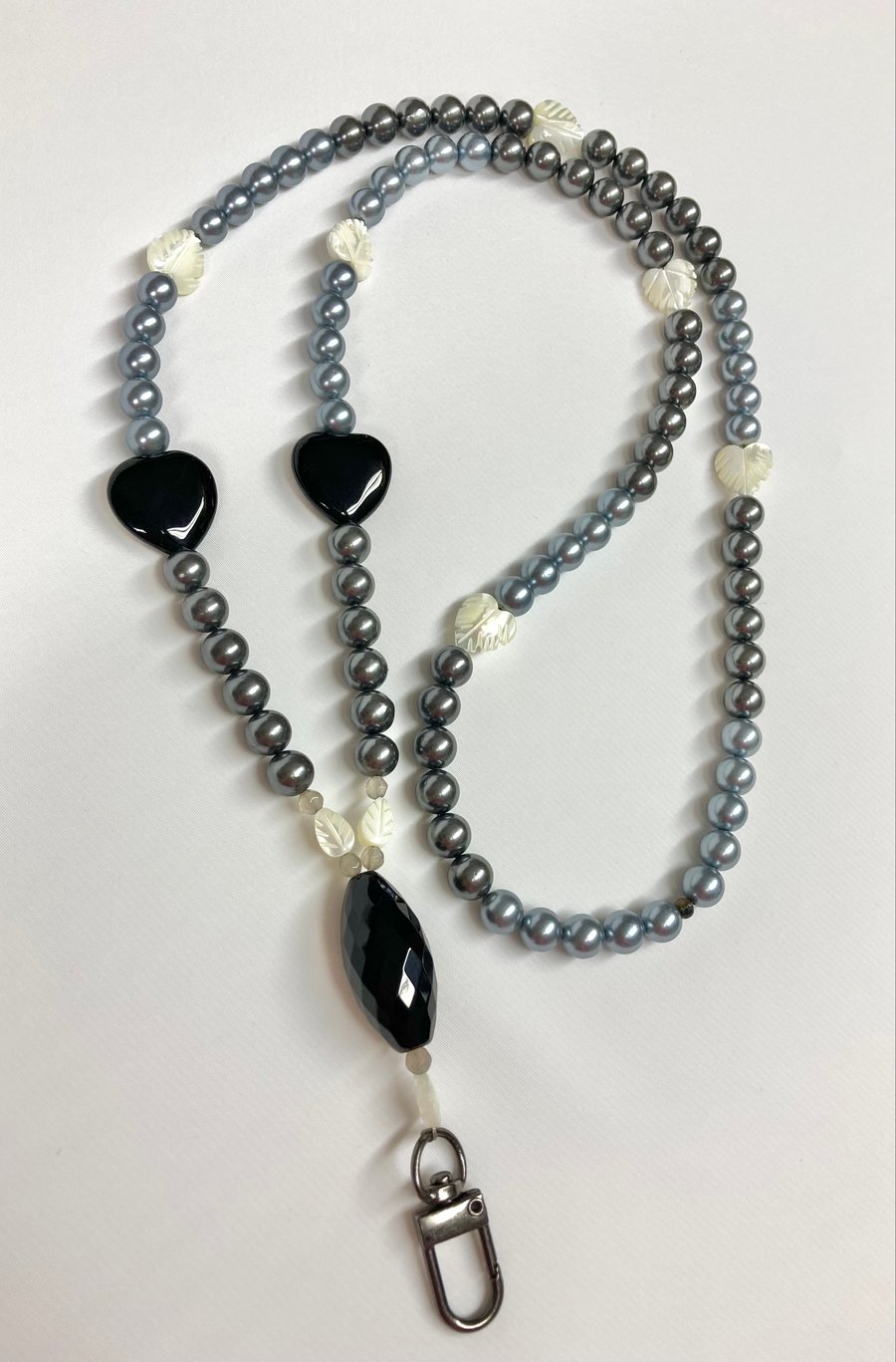 Lanyard ID Necklace holder with BLUE BLACK SHELL PEARL and BLACK QUARTZ CRYSTAL