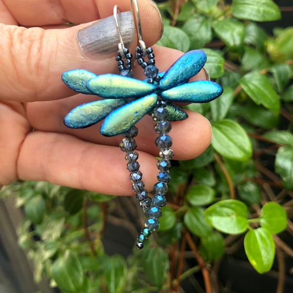 Blue Green Beaded Dragonfly Earrings, Sterling Silver 