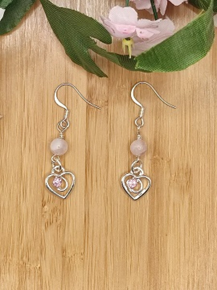 Rose Quartz and Pink Rhinestone Hearts Earrings