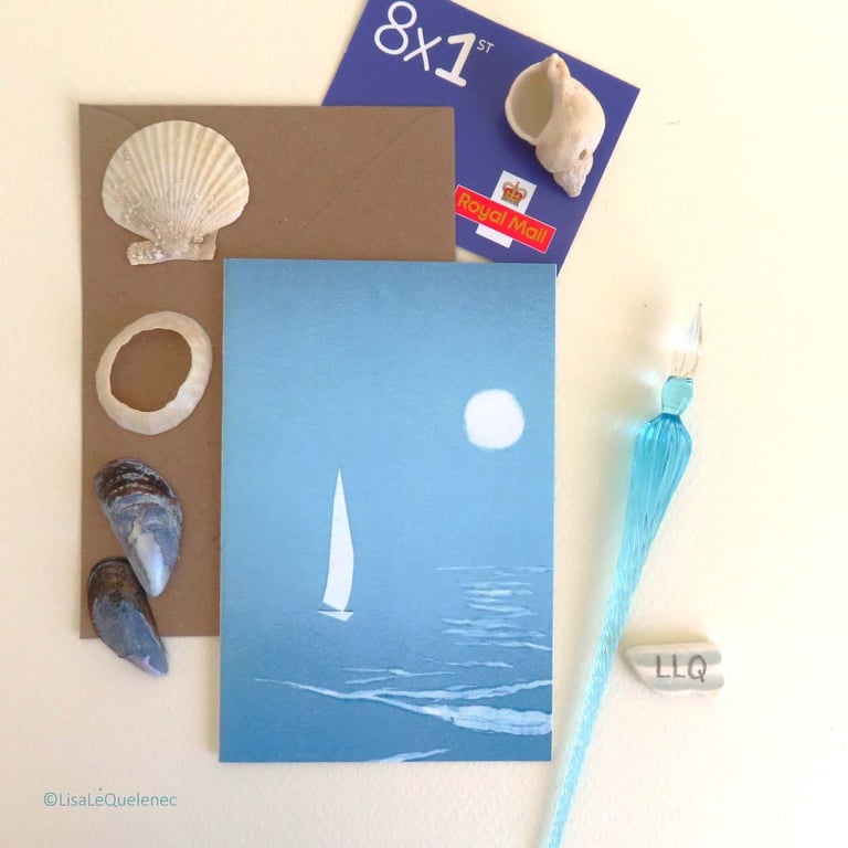 blank art greeting card ocean sailing moon cellophane free