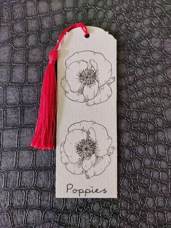 Hand-Drawn Botanical Bookmark - Poppies - Ink Illustration with Red Tassel