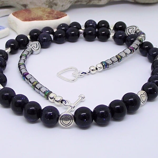 Blue goldstone and haematite necklace gemstone heart bead