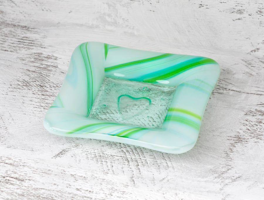 Fused Glass - Pretty Soft Green Trinket Dish or Tea light holder