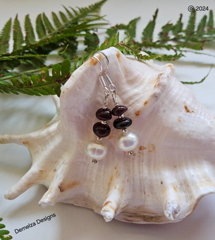 Freshwater Pearl & Indian Red Garnet Sterling Silver Earrings