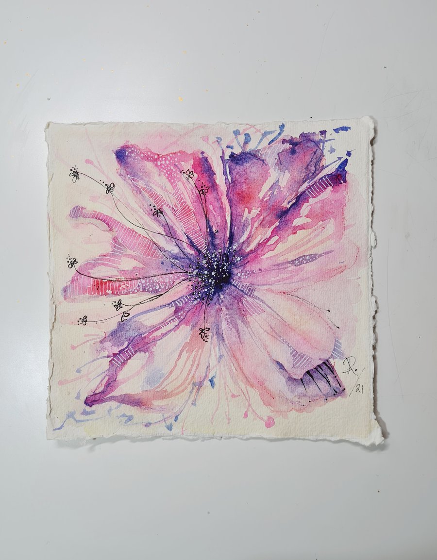 Original Watercolour Painting of a Delicate Pink Flower, Wall Art