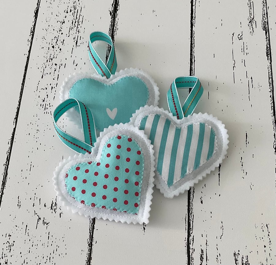 Set of 3 Handmade Hanging Lavender filled Heart Decorations