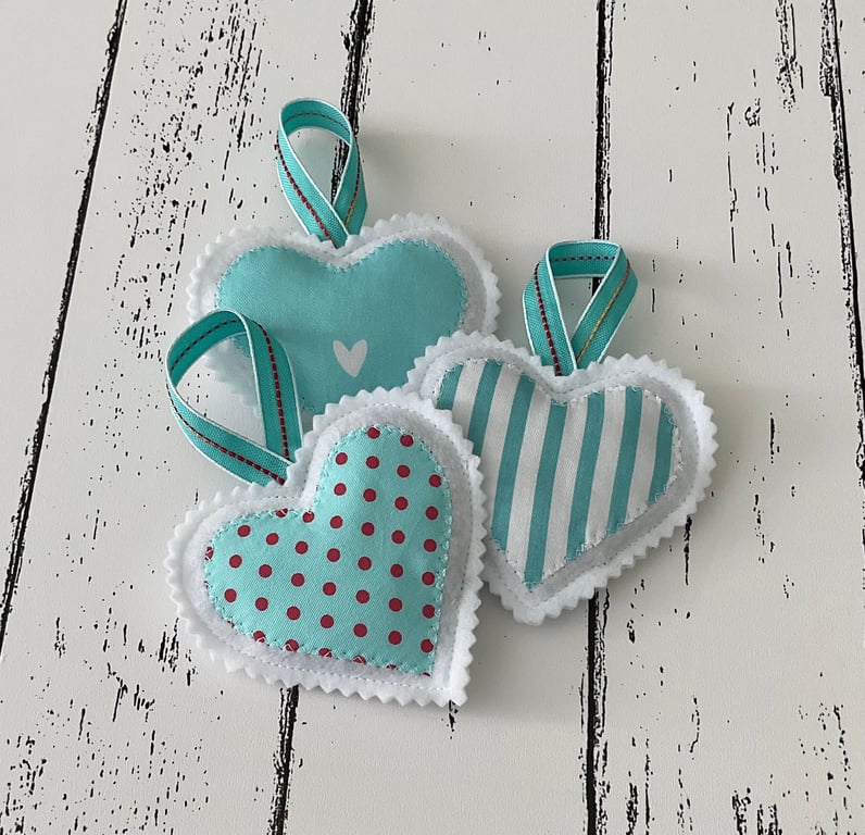 Set of 3 Handmade Hanging Lavender filled Heart Decorations