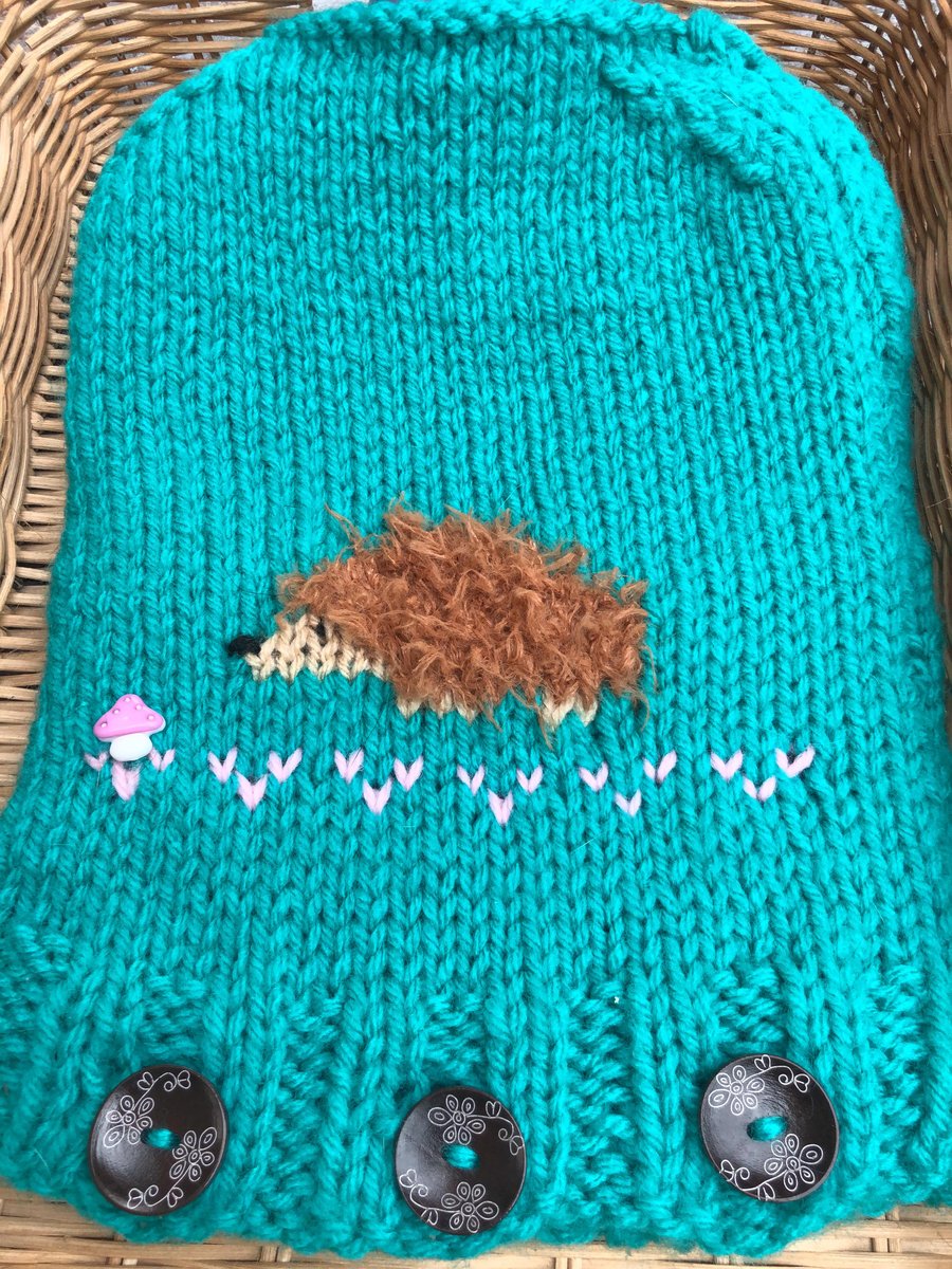 Hand knitted hot water bottle cosy. Normal size. Hedgehog . 