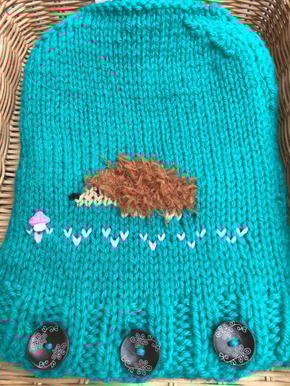 Hand knitted hot water bottle cosy. Normal size. Hedgehog . 