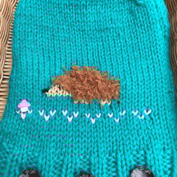 Hand knitted hot water bottle cosy. Normal size. Hedgehog . 