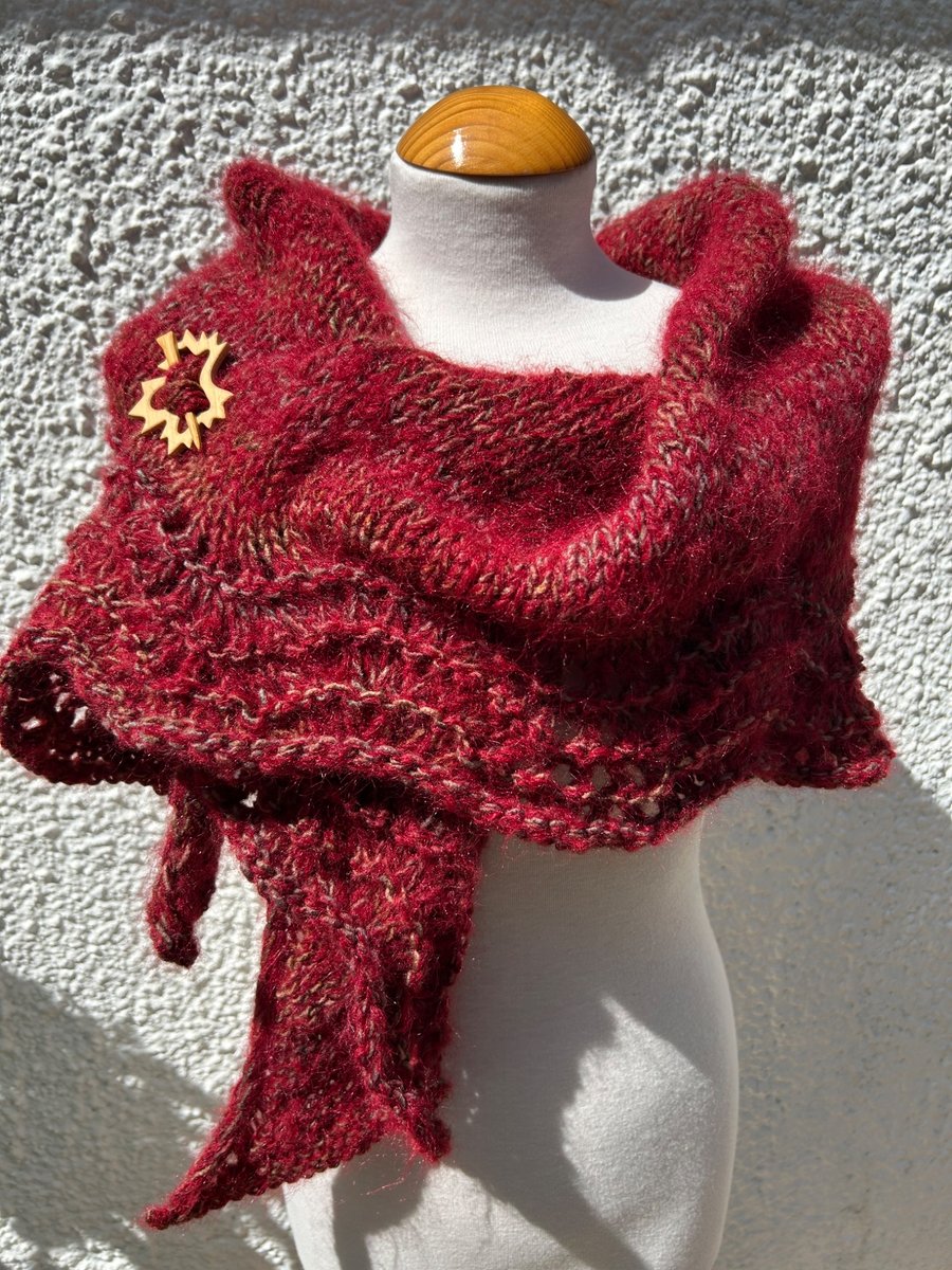 Halo Effect Red Mohair Hand Knitted Triangle Lace Shawl