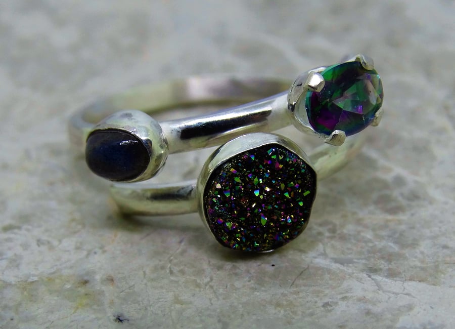 Merry Maidens Ring. Sterling silver with mystic fire topaz, druzy & labradorite