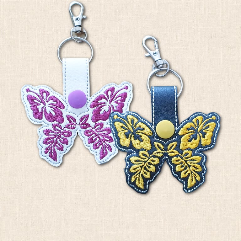 Hibiscus Butterfly Keyring - Embroidered Faux Leather Floral Bag Charm