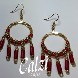 Red and gold gypsy,boho dangle earrings.