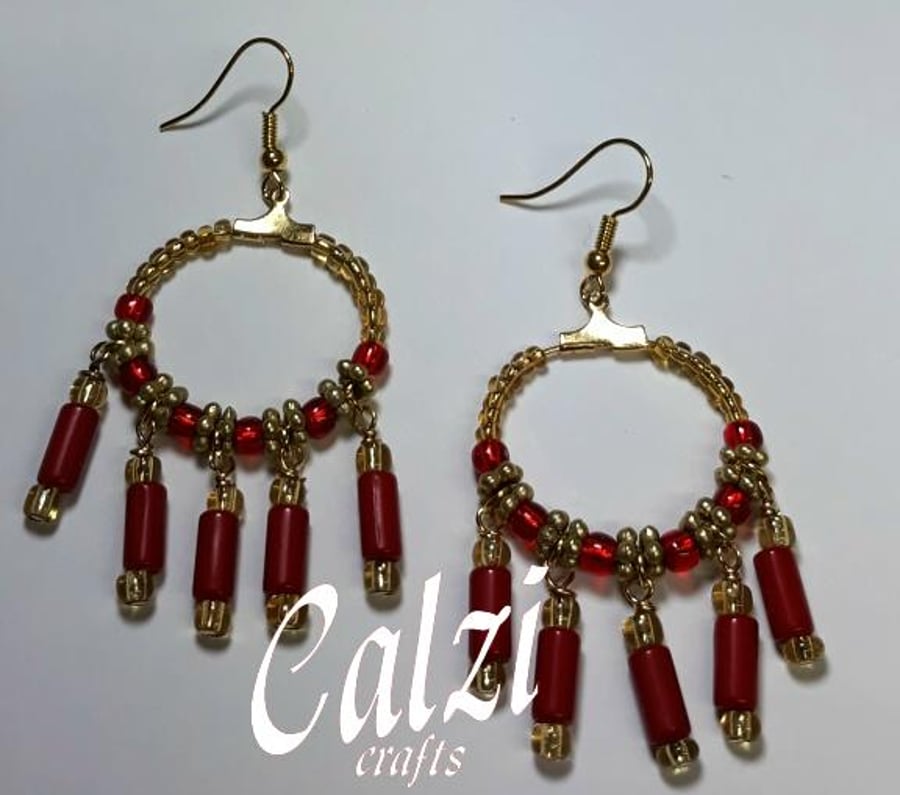 Red and gold gypsy,boho dangle earrings.