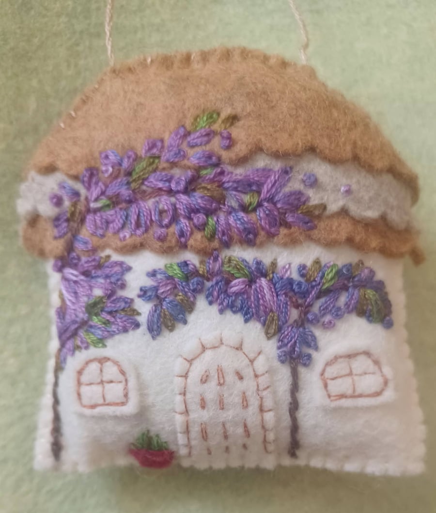 Handmade Felt Embroidered Wisteria Cottage