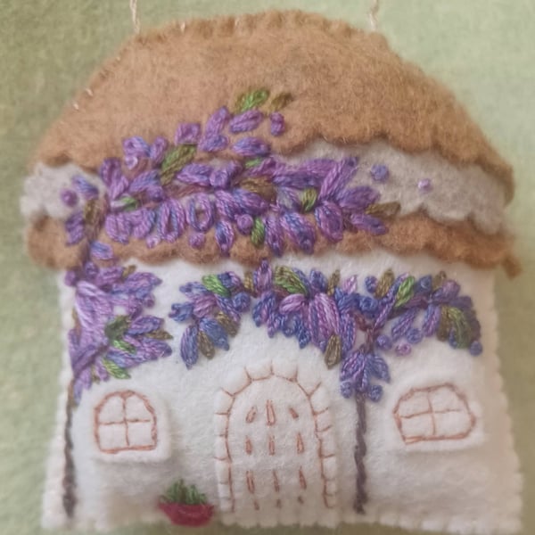 Handmade Felt Embroidered Wisteria Cottage