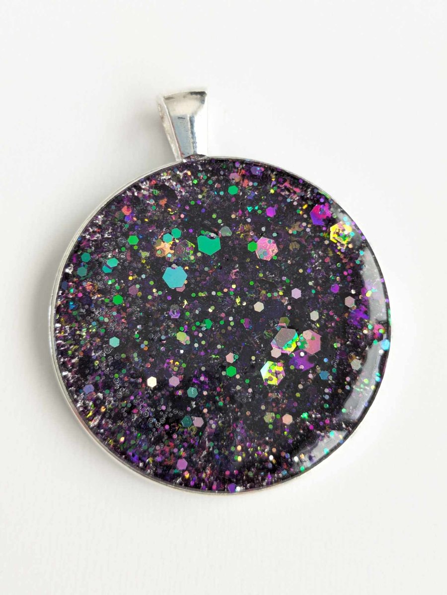 Large Resin Pendant With Purple & Green Glitter