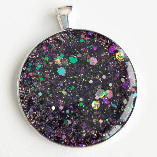 Large Resin Pendant With Purple & Green Glitter