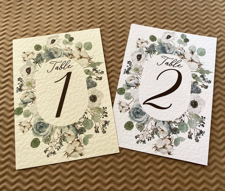 Dusty blue flowers TABLE NUMBERS, eucalyptus leaves, wedding decor setting card