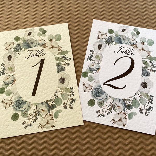 Dusty blue flowers TABLE NUMBERS, eucalyptus leaves, wedding decor setting card