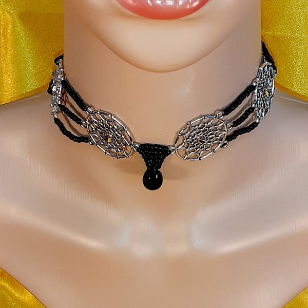 Dream Catcher Collar Necklace - Black and Silver Tone