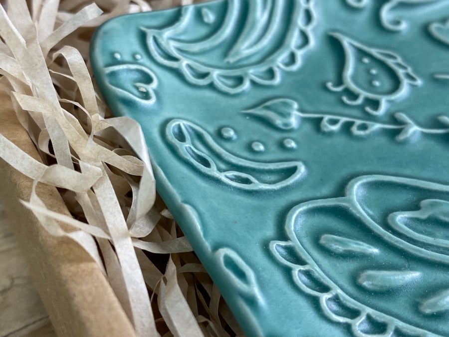 Trinket Tray or Soap Dish handmade ceramic with Paisley design